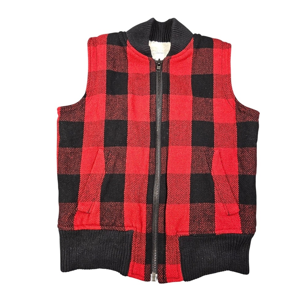 Madewell Wool Buffalo Check Plaid Sherpa Lined Vest Red Black Women's XS E0382
